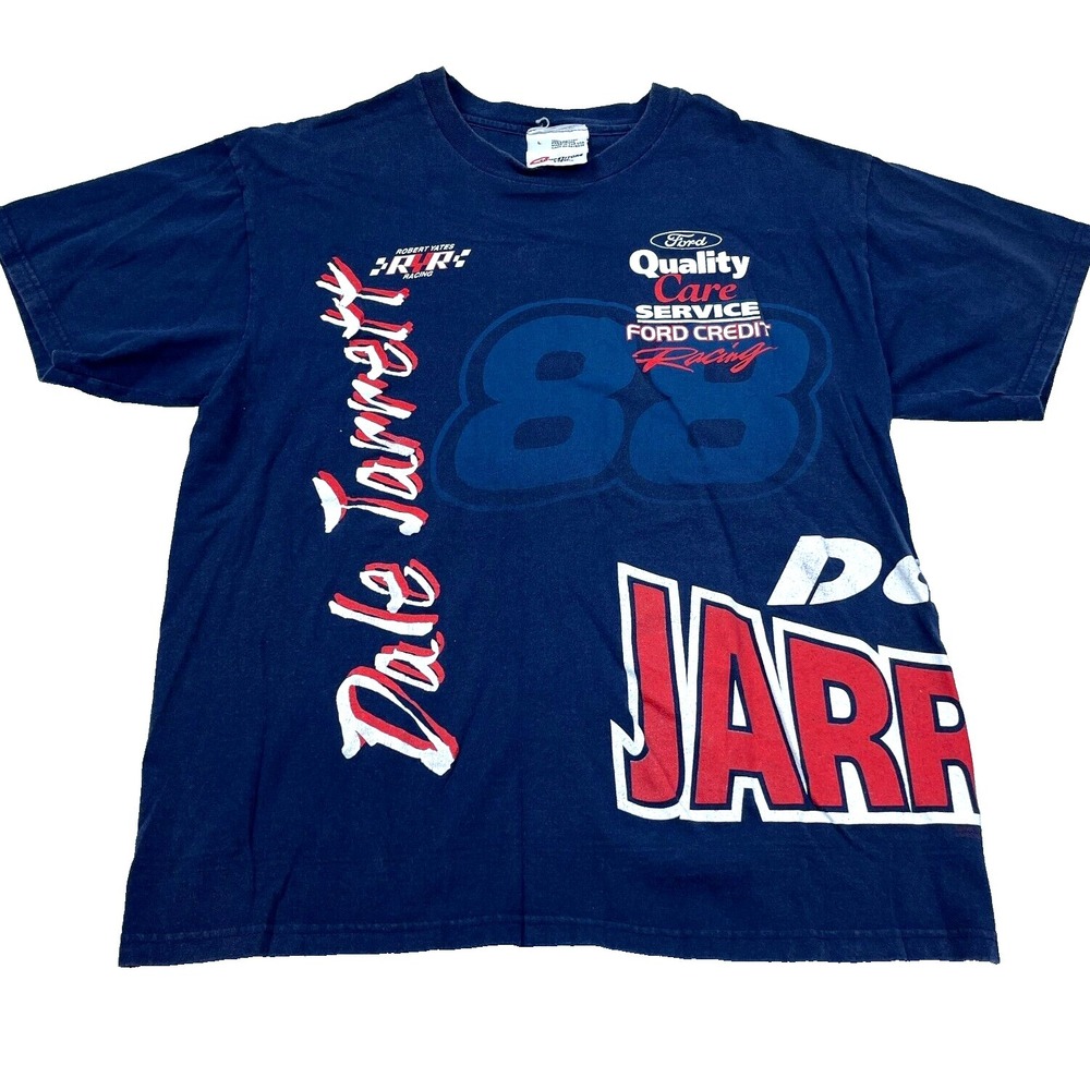 Vintage Nascar Shirt Men Large Blue Dale Jarrett All Over Print Wrap Around Y2K